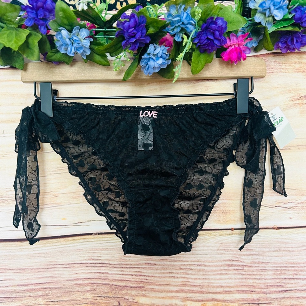 Aerie Black Love Show Off Heart Mesh Lace Side Tie Bloomer Bikini Underwear NWT